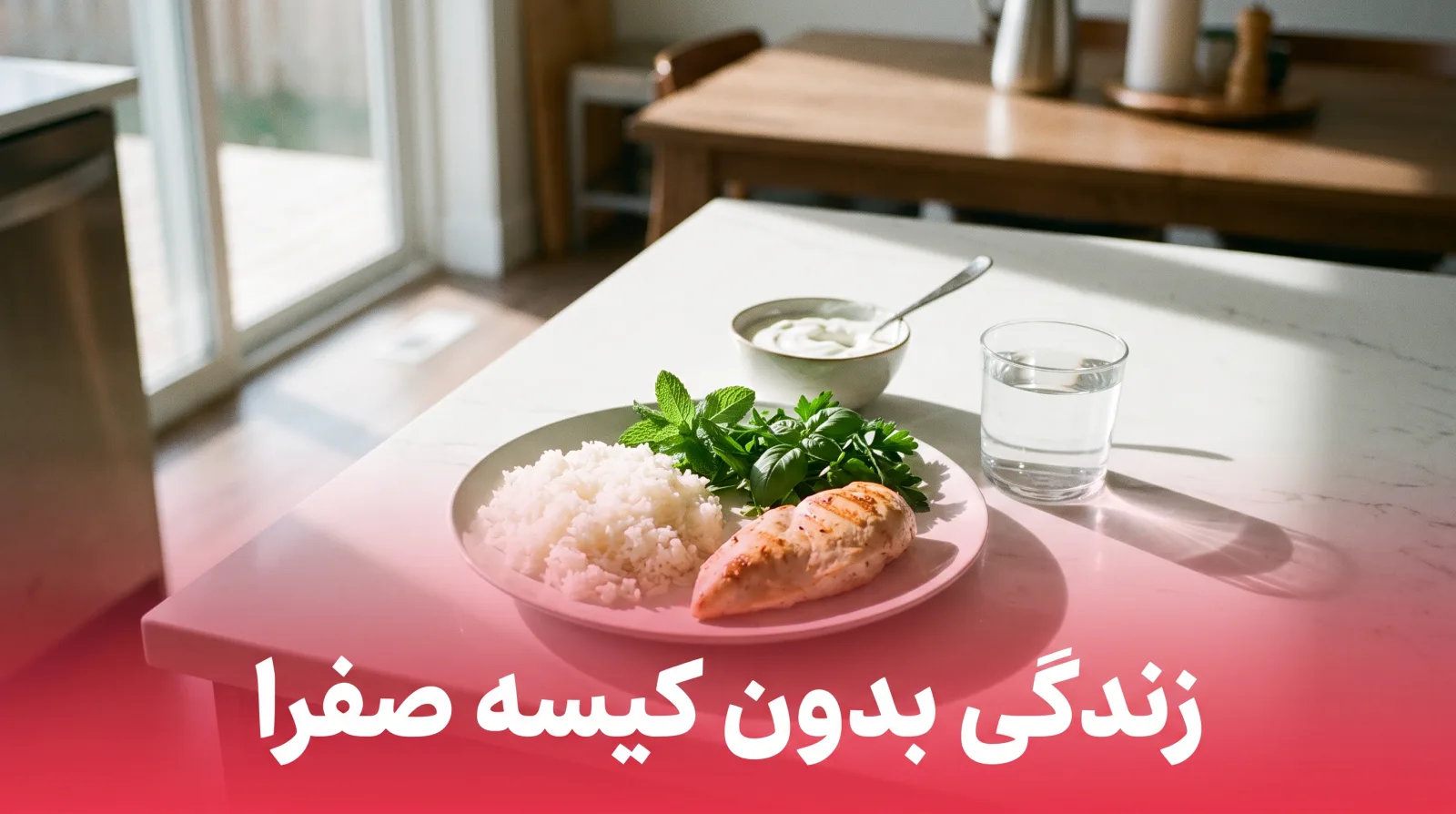بشقاب غذای سبک و کم‌چرب با برنج، مرغ کبابی بدون پوست، سبزی و ماست کم‌چرب روی میز آشپزخانه