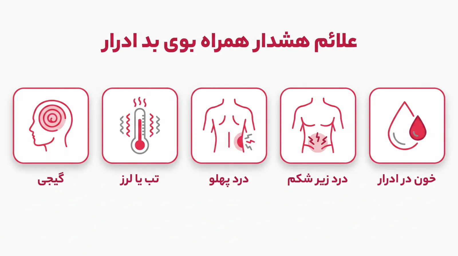 اینفوگرافیک علائم هشدار همراه با بوی بد ادرار: خون در ادرار، درد زیر شکم، درد کمر زیر دندهها، تب یا لرز، گیجی و بیقراری