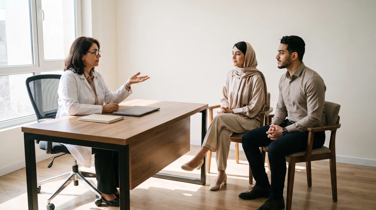 زوج جوان در مطب مشاوره، در حال گوش دادن به توضیح پزشک زن